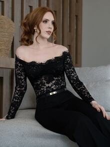 Livia Nhezoto Bodysuit Renda Panjang Ketat Warna Merah Anggur dengan Bahu Terbuka, Cocok untuk Pantai, Liburan, Acara Pernikahan, dan Tamu, Musim Semi/Panas - Hitam - View 1