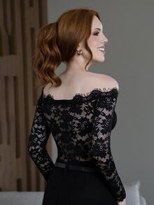 Livia Nhezoto Bodysuit Renda Panjang Ketat Warna Merah Anggur dengan Bahu Terbuka, Cocok untuk Pantai, Liburan, Acara Pernikahan, dan Tamu, Musim Semi/Panas - Hitam - View 2
