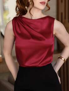 Livia Nhezoto Áo blouse nữ không tay xếp ly satin dáng thường - Màu Đỏ Sâu - Xem 6