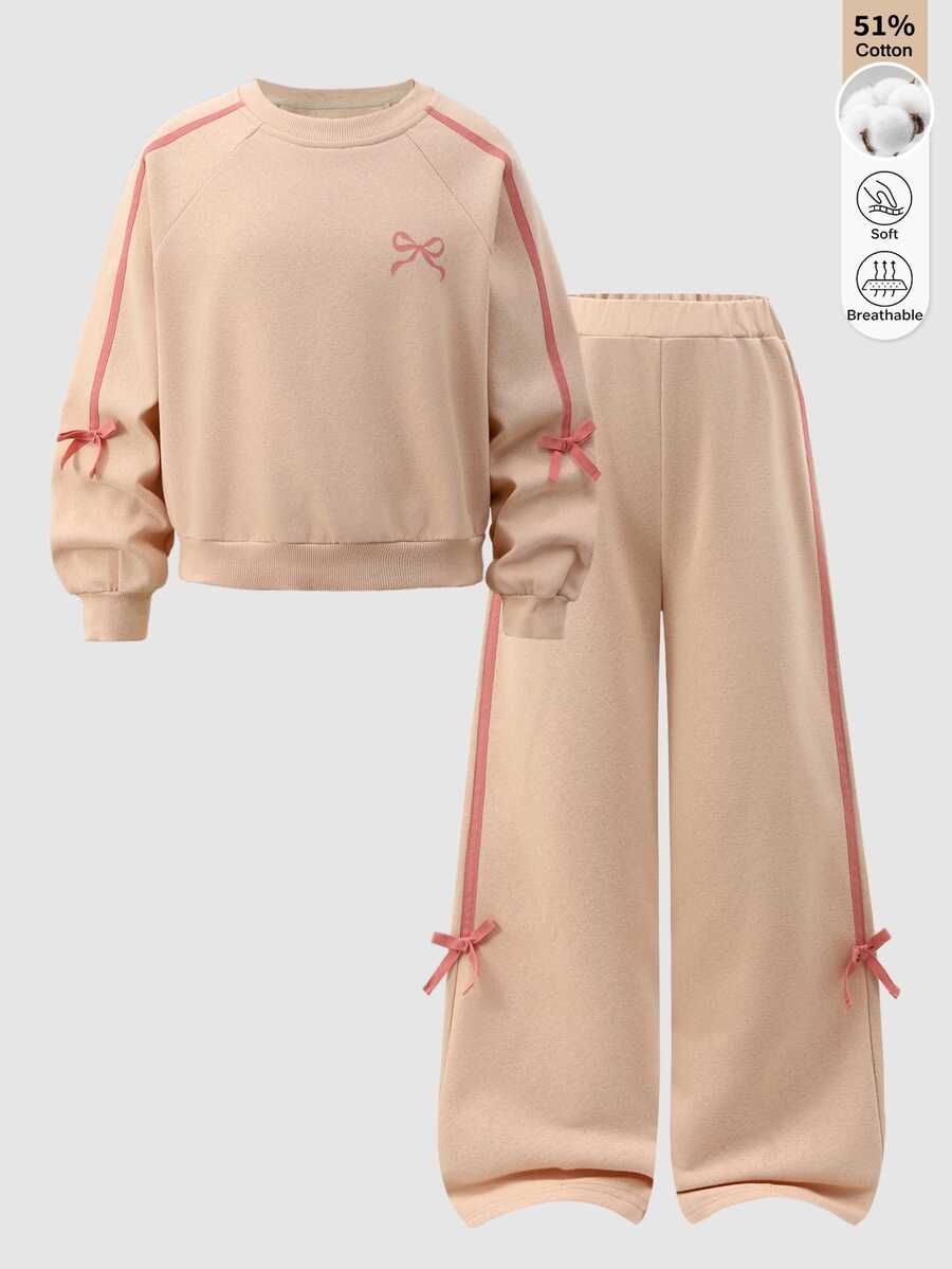 SHEIN 2件組棉混紡衛衣與抽繩長褲套裝，適合前青春期女孩，甜美休閒風，適用學校、日常穿著與戶外活動，春、秋、冬季節