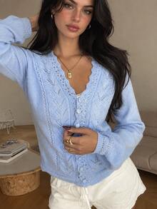 Autumina Women's Fall Casual Romantic Elegant Hollow Knit Cardigan Brunch Date Night Light Blue - Blue - View 1