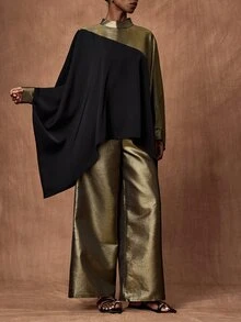 Zivah Elegant Women's Long Sleeve Patchwork Shiny Fabric Top & Wide Leg Pants 2 Pieces Set, Versatile For Commuting, Travel And Party - Black - View 5