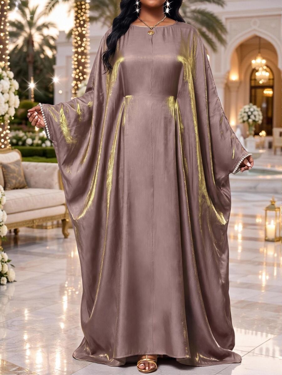 Fleurora Plus Size Elegant Luxury Faux Pearl Decor Dress - Dusty Pink - View 1