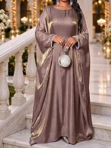 Fleurora Plus Size Elegant Luxury Faux Pearl Decor Dress - Dusty Pink - View 3