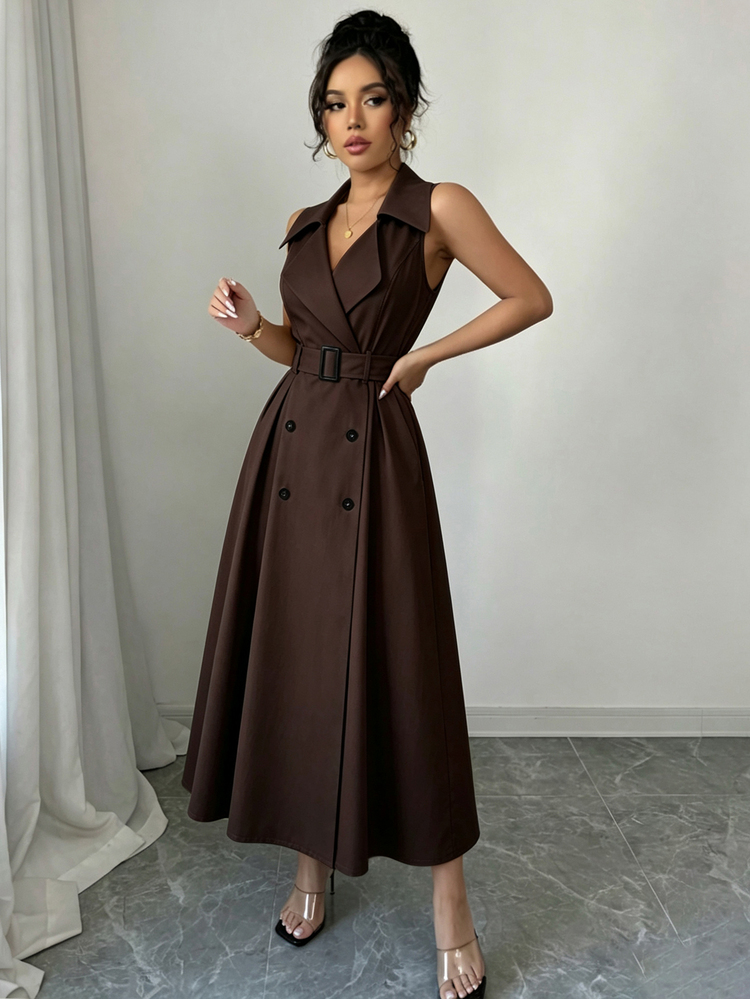 Elenzga Jaket Trench Coat Wanita Model Baru dengan Kerah Berlekuk, Sabuk Pinggang, Kancing Ganda, Tanpa Lengan, Desain A-Line, Bahan Twill Tenun, Elegan, Serbaguna, Melangsingkan, Memperindah Tinggi Badan, Cocok untuk Perjalanan Sehari-hari, dan Acara Kumpul-kumpul. - Coklat - View 5