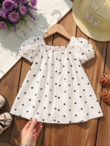 SHEIN LMoss Kids Baby Girl Woven Polka Dot Ruffle Sleeve Casual Dress - Black and White - View 2