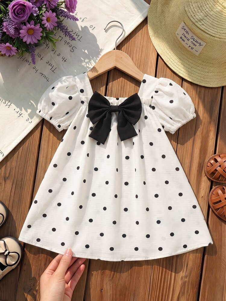 SHEIN LMoss Kids Baby Girl Woven Polka Dot Ruffle Sleeve Casual Dress - Black and White - View 1