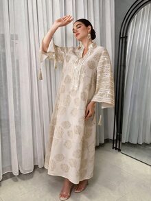 SHEIN Najma Women's Elegant Fabric Fringe Decor Loose Robe - Apricot - View 5
