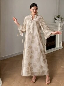 SHEIN Najma Women's Elegant Fabric Fringe Decor Loose Robe - Apricot - View 4