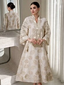 SHEIN Najma Women's Elegant Fabric Fringe Decor Loose Robe - Apricot - View 6