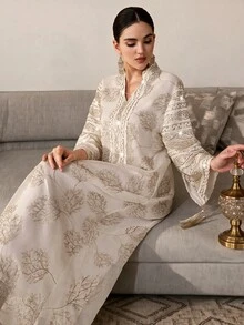 SHEIN Najma Women's Elegant Fabric Fringe Decor Loose Robe - Apricot - View 1