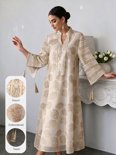 SHEIN Najma Women's Elegant Fabric Fringe Decor Loose Robe