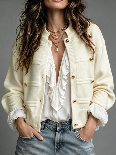 LUMIGAL Women's Solid Color Drop Shoulder Long Sleeve Button Front Casual Knit Cardigan