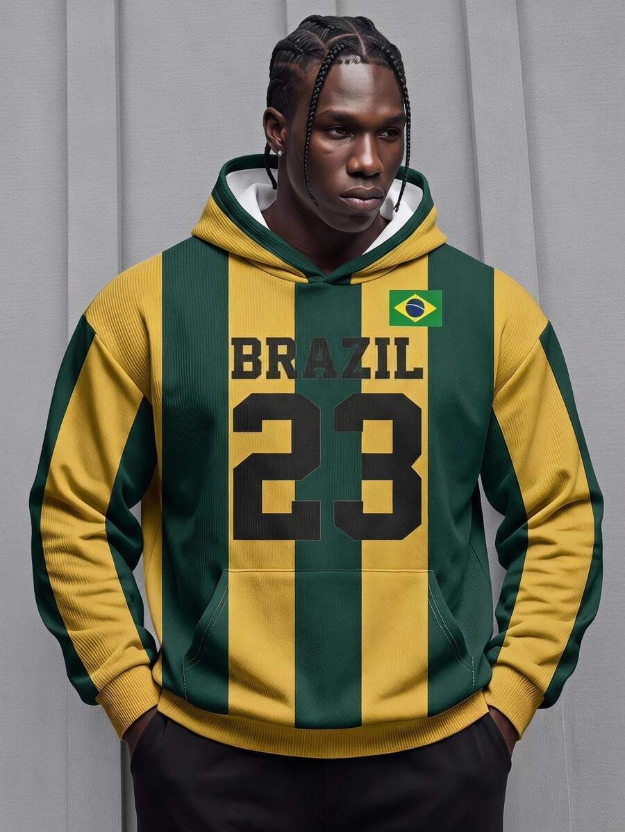 Sport MetroGents 巴西足球隊主題男士連帽衛衣,綠黃垂直條紋紋理印花,BRASIL文字號碼23國旗圖案,袋鼠口袋 - 彩色 - 查看 1
