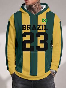 Sport MetroGents 巴西足球隊主題男士連帽衛衣，綠黃垂直條紋紋理印花，BRASIL文字號碼23國旗圖案，袋鼠口袋 - 彩色 - 查看 3