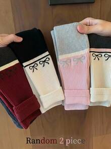 SHEIN 女童針織對比色蝴蝶結圖案修身休閒內搭褲 2件套 - 彩色 - 查看 2