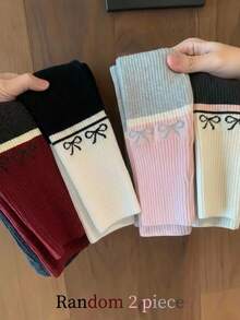 SHEIN 女童針織對比色蝴蝶結圖案修身休閒內搭褲 2件套 - 彩色 - 查看 1