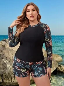 SHEIN Swim Curve Plus Size Women's Round Neck Leaf Print Long Sleeve Top Shorts Two Pieces Swimwear Set Summer Beach Party Vacation Black Tropical Curve Filipiniana - Multicolor - View 4