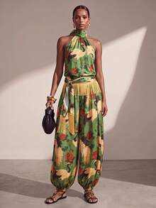 Zivah Floral & Crane Print Halter Top And Long Pants Casual Cover-Up Set Beach - Multicolor - View 2