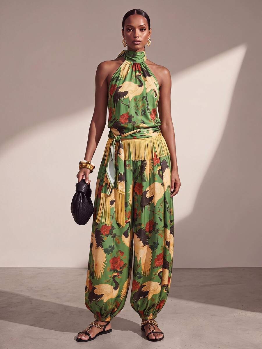 Zivah  Floral & Crane Print Halter Top And Long Pants Casual Cover-Up Set Beach