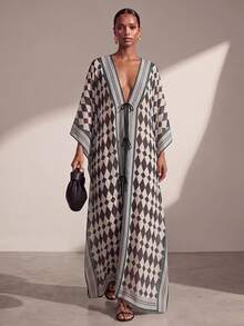Zivah New Elegant Women's Brown-Tone Plaid Print Open Front Tie-Front Bohemian Vacation Long Robe Beach Cover-Up, Suitable For Multiple Occasions, Versatile For Autumn Commute, Travel, Party And Gathering - Multicolor - View 2