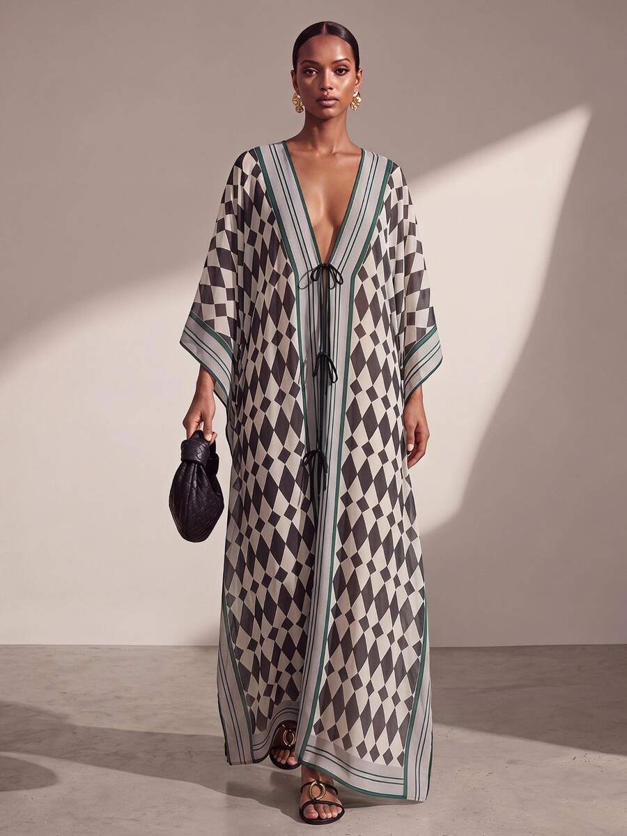 Zivah New Elegant Women's Brown-Tone Plaid Print Open Front Tie-Front Bohemian Vacation Long Robe Beach Cover-Up, Suitable For Multiple Occasions, Versatile For Autumn Commute, Travel, Party And Gathering