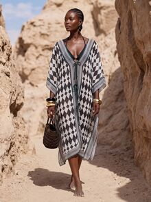 Zivah New Elegant Women's Brown-Tone Plaid Print Open Front Tie-Front Bohemian Vacation Long Robe Beach Cover-Up, Suitable For Multiple Occasions, Versatile For Autumn Commute, Travel, Party And Gathering - Multicolor - View 5
