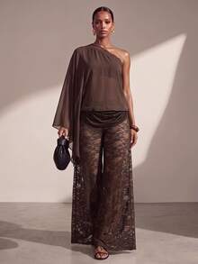 Zivah Women's One Shoulder Lace Patchwork Top And Long Pants Fashion Vacation Cover-Up Set - Brown - View 2