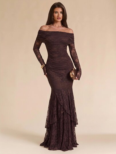 SHEIN BAE Fall Winter Coffee Brown Lace Off Shoulder Long Sleeve Bodycon Mermaid Layered Elegant Dress Thanksgiving Party Night Out
