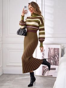 Lavishia Women's Autumn/Winter Cable Knit High Neck Long Sweater Dress - Green - View 3