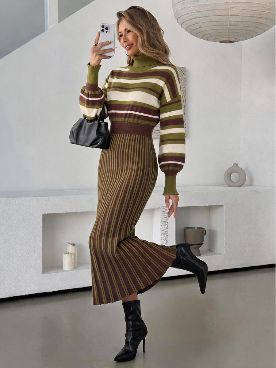 Lavishia Women's Autumn/Winter Cable Knit High Neck Long Sweater Dress - Green - View 1