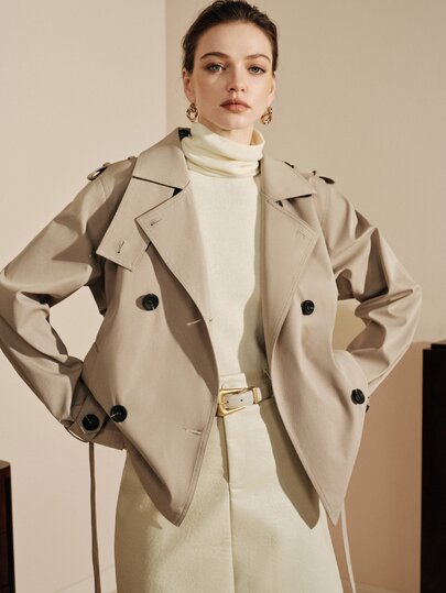 Arave Women's Woven Twill Stand Collar Trench Coat Jacket Double Breasted Sleeve Tabs + Belt Minimalist Yet Lively Classic Shoulder Design With Pockets Suitable For Elegant Dates Trench Coat Women's Jacket