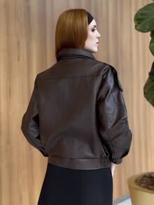 Livia Nhezoto Women's Retro Oversized Lychee Grain PU Leather Jacket - Brown - View 3