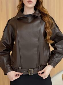 Livia Nhezoto Women's Retro Oversized Lychee Grain PU Leather Jacket - Brown - View 7