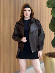 Livia Nhezoto Women's Retro Oversized Lychee Grain PU Leather Jacket - Brown - View 2
