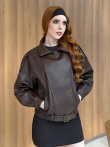 Livia Nhezoto Women's Retro Oversized Lychee Grain PU Leather Jacket - Brown - View 6