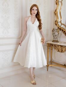Livia Nhezoto 優雅女款提花緞面掛脖綁帶派對洋裝，夏季白色露背畢業禮服，婚禮賓客公主風蝴蝶結裝飾禮服 - 米色 - 查看 3