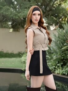 Livia Nhezoto Lapel Neck Belted Vest Jacket - Khaki - View 3