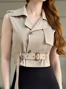 Livia Nhezoto Lapel Neck Belted Vest Jacket - Khaki - View 5