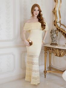 Livia Nhezoto Gaun Mermaid Model Off-Shoulder Berbahan Renda Rajut untuk Wanita - Kuning muda - View 1