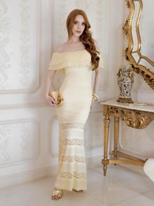 Livia Nhezoto Gaun Mermaid Model Off-Shoulder Berbahan Renda Rajut untuk Wanita - Kuning muda - View 4