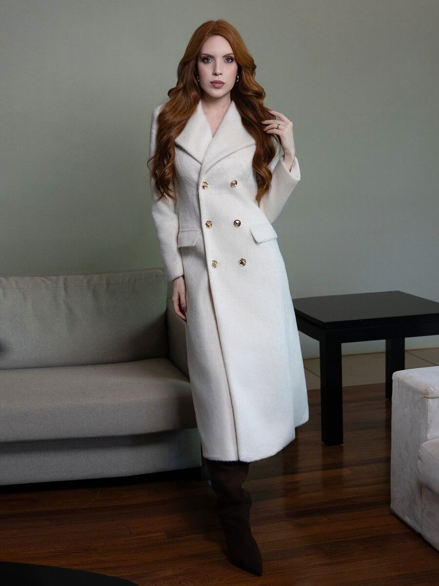 Livia Nhezoto WOOL SOLID LAPEL COLLAR PEA OVERCOAT - Apricot - View 1