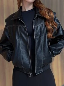 Livia Nhezoto 女式纯色长袖拉链休闲宽松 PU 皮夹克，秋季 - 黑色 - 查看 6