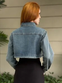 Livia Nhezoto Ladies' Short Length Denim Jacket With Front Zipper - Dark Wash - View 2