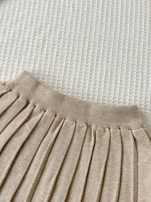 SHEIN 小女孩燕麥色粗針織蝴蝶結毛衣與百褶裙套裝，手工歐根紗細節，柔軟秋冬穿搭，日常旅行、聖誕節、萬聖節 - 卡其色 - 查看 6