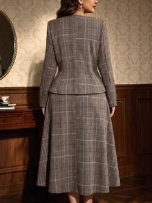 Auvina Women's V-Neck Button Decor Plaid Long Sleeve Blouse + Skirt Two Pieces Set Fall - Multicolor - View 2