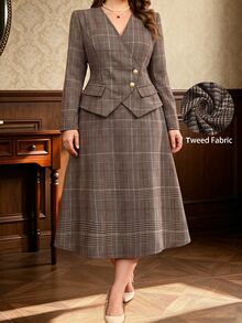 Auvina Women's V-Neck Button Decor Plaid Long Sleeve Blouse + Skirt Two Pieces Set Fall - Multicolor - View 1