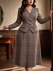 Auvina Women's V-Neck Button Decor Plaid Long Sleeve Blouse + Skirt Two Pieces Set Fall - Multicolor - View 5