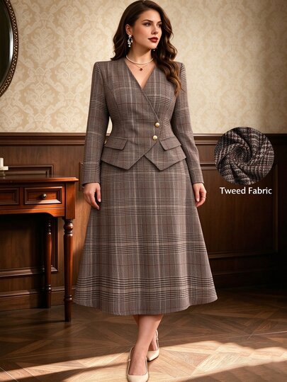 Auvina Women's V-Neck Button Decor Plaid Long Sleeve Blouse + Skirt Two Pieces Set Fall