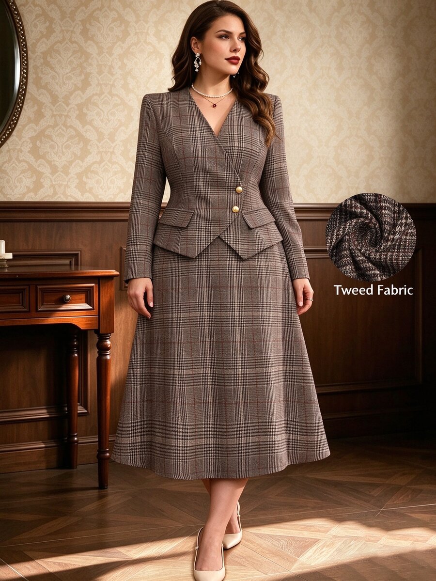 Auvina Women's V-Neck Button Decor Plaid Long Sleeve Blouse + Skirt Two Pieces Set Fall - Multicolor - View 1